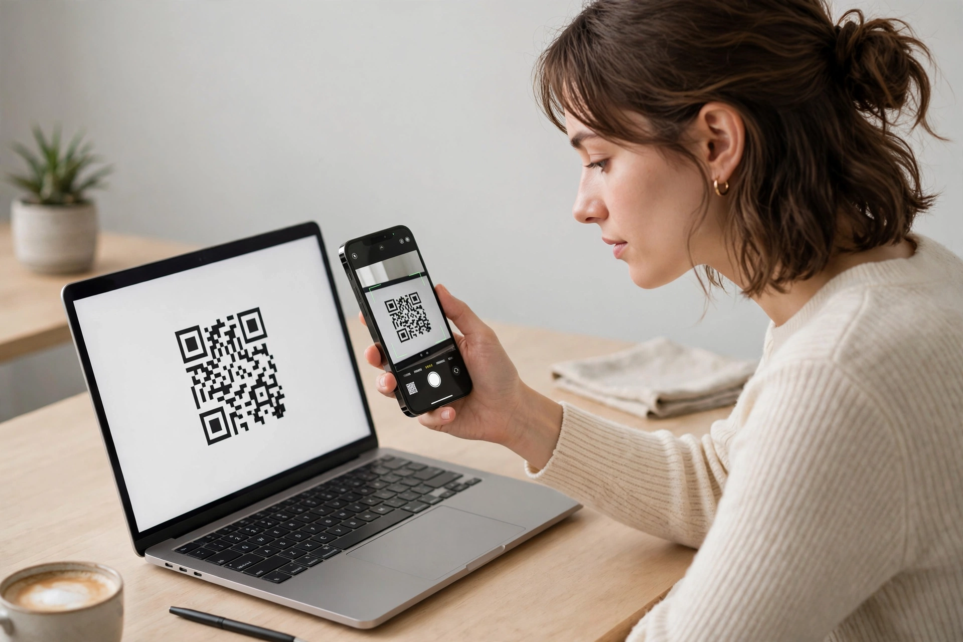 Person scanning QR code on laptop with phone to sign in