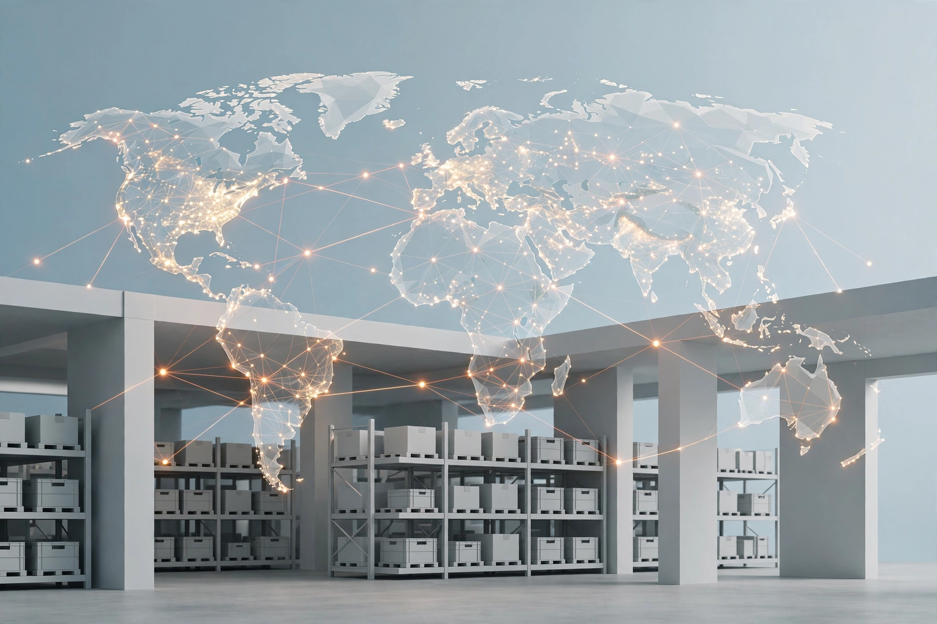 Global logistics network with warehouse nodes connected across continents